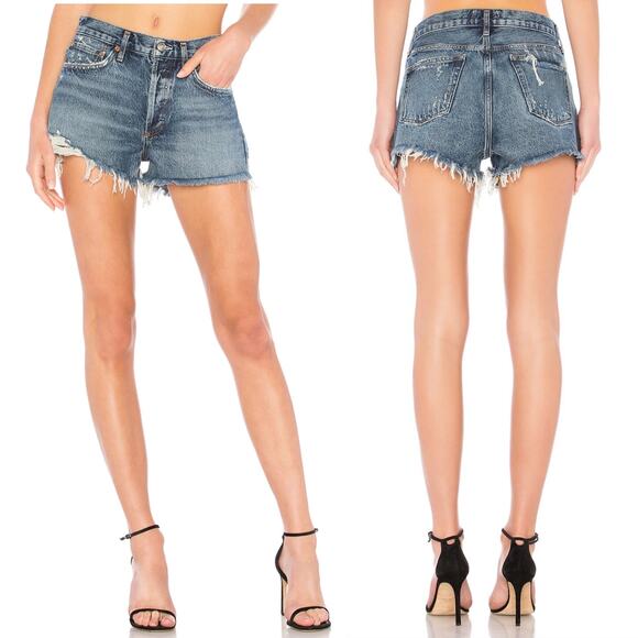 AGOLDE Parker Denim Shorts Rock Steady Distressed Raw Hem Women’s Size 25 Cotton - Picture 1 of 5